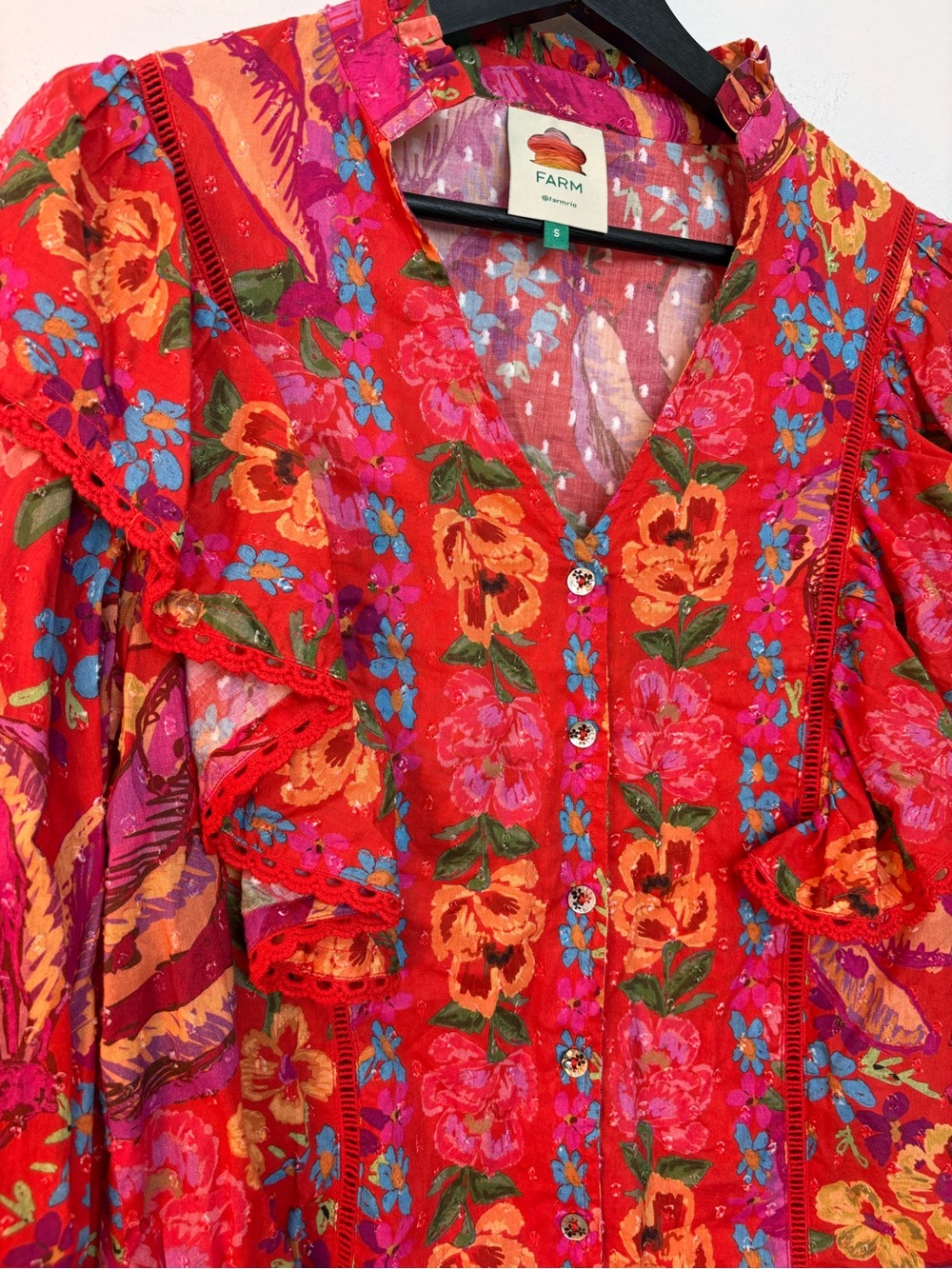 FARM Rio Women’s Red Spring Bananas L/S Crotchet Trim Blouse Size S Sku #181 - Picture 3 of 13